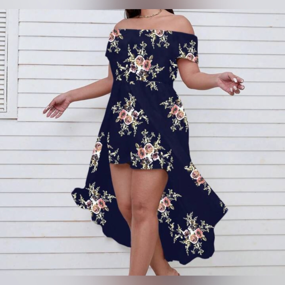 Floral Print Off Shoulder High Low Hem Romper Navy Blue